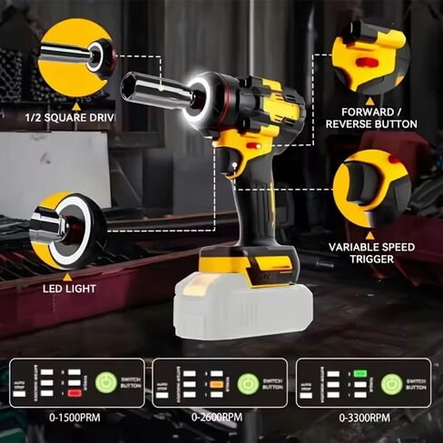 Brushless Impact Wrench for DeWalt Battery 20V, 1500Nm (1106 Ft-Lbs) 1/2" Cordless, 3-Speed High Torque Power Tool for Tire Removal, Rusted Bolts & Heavy Equipment (No Battery) in Kuwait
