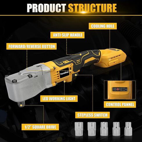Right Angle Impact Wrench for Dewalt 20V MAX Battery (No Battery) | 1/2" Square Drive, 280Nm, 2-Speed Control, Cordless Design, LED Light, Safety Lock, Includes 5 Sockets for Tight Spaces in Kuwait