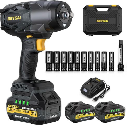 1/2 Impact Gun, 1400N.m (1032Ft-lbs) Super High Torque Impact Wrench with 2 x 4.0Ah Batteries, 21V Cordless Brushless Power Pistola Llave De Impacto with 10 Sockets for Car/Pickup Truck/Mower in Kuwait
