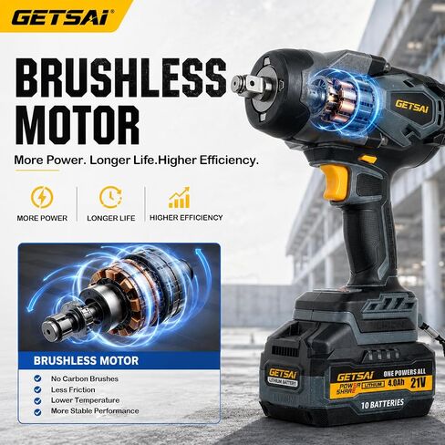 1/2 Impact Gun, 1400N.m (1032Ft-lbs) Super High Torque Impact Wrench with 2 x 4.0Ah Batteries, 21V Cordless Brushless Power Pistola Llave De Impacto with 10 Sockets for Car/Pickup Truck/Mower in Kuwait