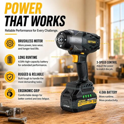 1/2 Impact Gun, 1400N.m (1032Ft-lbs) Super High Torque Impact Wrench with 2 x 4.0Ah Batteries, 21V Cordless Brushless Power Pistola Llave De Impacto with 10 Sockets for Car/Pickup Truck/Mower in Kuwait