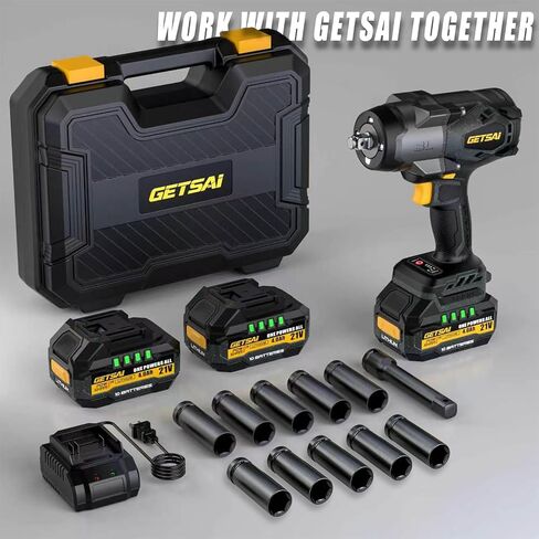 1/2 Impact Gun, 1400N.m (1032Ft-lbs) Super High Torque Impact Wrench with 2 x 4.0Ah Batteries, 21V Cordless Brushless Power Pistola Llave De Impacto with 10 Sockets for Car/Pickup Truck/Mower in Kuwait