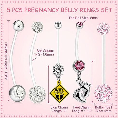 Pregnancy Belly Rings, 5PCS Comfortable Maternity Belly Button Rings with Butterfly Design, Flexible Acrylic Pregnancy Belly Piercing Set, Ideal for Growing Bellies and Special Occasions in Kuwait