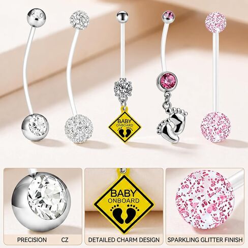 Pregnancy Belly Rings, 5PCS Comfortable Maternity Belly Button Rings with Butterfly Design, Flexible Acrylic Pregnancy Belly Piercing Set, Ideal for Growing Bellies and Special Occasions in Kuwait