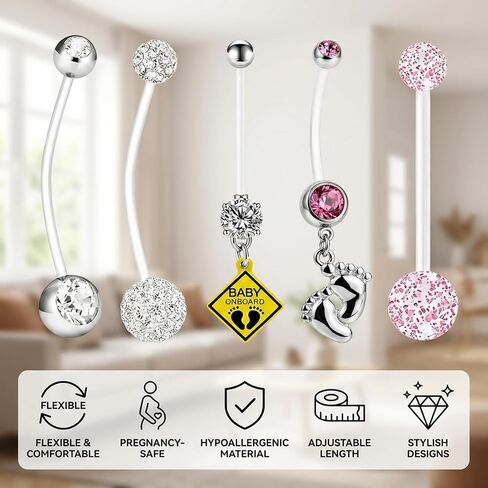 Pregnancy Belly Rings, 5PCS Comfortable Maternity Belly Button Rings with Butterfly Design, Flexible Acrylic Pregnancy Belly Piercing Set, Ideal for Growing Bellies and Special Occasions in Kuwait