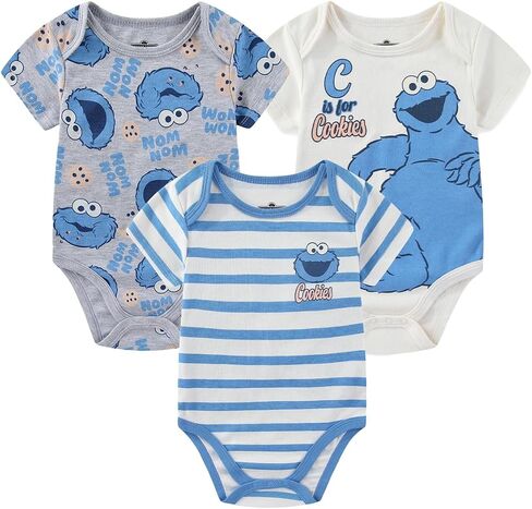 Sesame Street Cookie Monster Baby Boys 3 Pack Bodysuit for Newborn and Infant in Kuwait