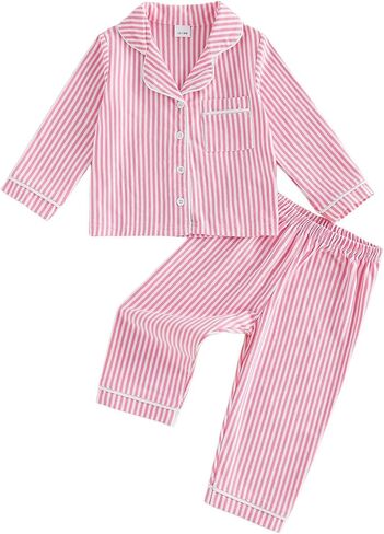 FIOMVA Baby Girl Pajamas Set Bow Long Sleeve Button Down Shirt Top Pants Kids Toddler Two Piece Pjs Set Sleepwear Fall Winter in Kuwait