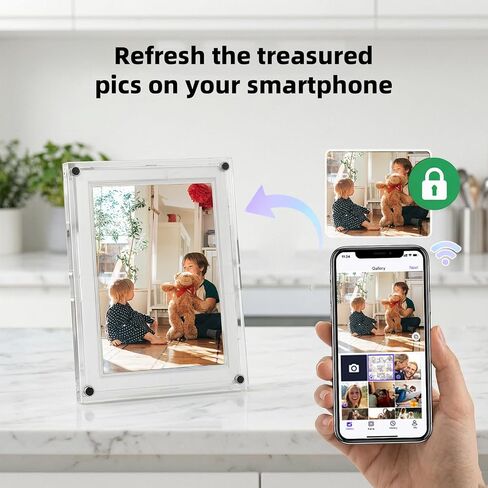 Uhale 7 Inch Acrylic WiFi Digital Picture Frame, 32GB Crystal Clear Smart Photo Frame with Auto-Rotate, Instant App/Email Share, No Subscription, Frameless Aesthetic Desk Decor, Gift for Couples & Mom in Kuwait