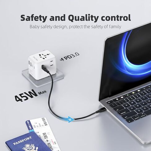 45W Universal Travel Adapter with Multi USB-A & C Ports - All in One Travel Adapter for Charging in Hotels Airports & Cruises- Plug Adapter Safe for Phones & Cameras- Reliable Choice for Daily Travel in Kuwait
