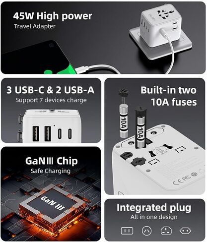 45W Universal Travel Adapter with Multi USB-A & C Ports - All in One Travel Adapter for Charging in Hotels Airports & Cruises- Plug Adapter Safe for Phones & Cameras- Reliable Choice for Daily Travel in Kuwait