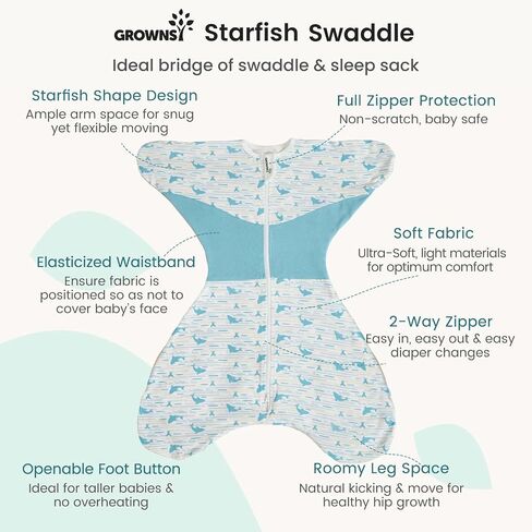 GROWNSY Swaddle Sleep Sack 3-6 Months, Starfish Design Baby Swaddle Sack, Dual-Zipper for Easy Diaper Changes, Proper Hip Development & Openable Foot Button, 12-20lbs, Whales and The Sea in Kuwait