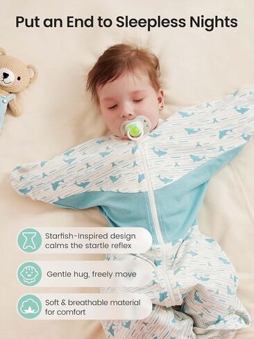 GROWNSY Swaddle Sleep Sack 3-6 Months, Starfish Design Baby Swaddle Sack, Dual-Zipper for Easy Diaper Changes, Proper Hip Development & Openable Foot Button, 12-20lbs, Whales and The Sea in Kuwait