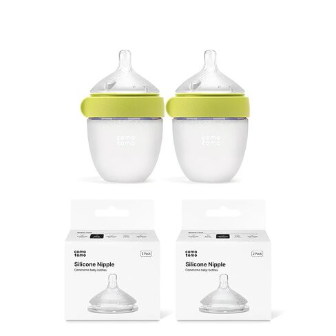 Newborn Baby Bottle Feeding Set – Comotomo Gen 2 5oz Silicone Baby Bottles (Green) + Slow Flow & Medium Flow Nipples – Anti Colic Breast Like Bottle for Newborn Feeding in Kuwait