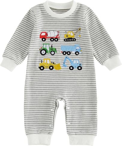 FOCUSNORM Baby Boy Fall Clothes Newborn Winter Outfit Truck Jumpsuit Romper | Truck Embroidered Jumpsuit Waffle Striped Long Sleeve Crew Neck Romper Onesie in Kuwait