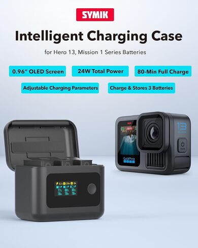 SYMIK Battery Charger for GoPro Hero 13, Mission 1 Pro Fast Charging Case | 24W Triple-Slot, OLED Display, Smart UI Charger Hub for Go Pro Hero 13 & Mission 1 Pro Enduro 2 Battery Accessories in Kuwait