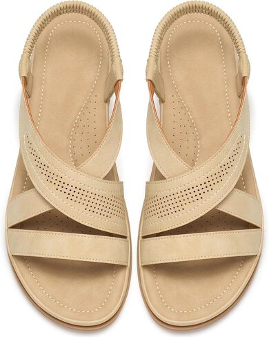 Women's Comfortable Flat Sandals: Open Toe Perforated Cross Straps & Elastic Slingback - Non-Slip Dressy Summer Shoes for Walking Vacation in Kuwait