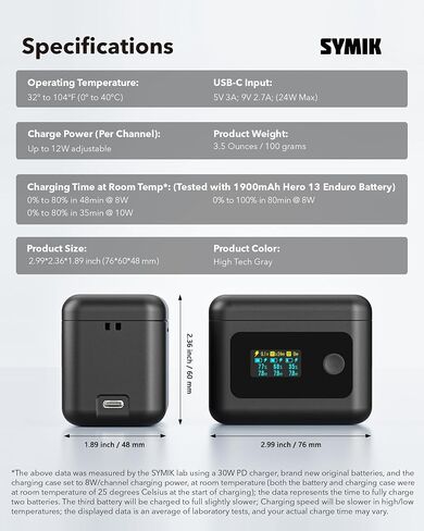 SYMIK Battery Charger for GoPro Hero 13, Mission 1 Pro Fast Charging Case | 24W Triple-Slot, OLED Display, Smart UI Charger Hub for Go Pro Hero 13 & Mission 1 Pro Enduro 2 Battery Accessories in Kuwait
