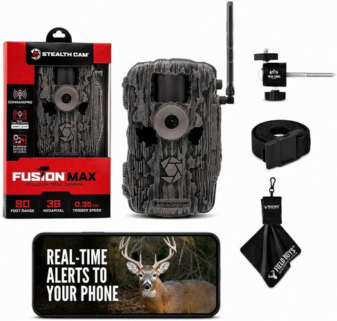 Stealth Cam Fusion MAX Cellular Trail Camera Bundle with Tree Mount - 36MP Photo & 720P HD Video, 0.35 Sec Trigger, 80FT IR Range, Dual SIM AT&T & Verizon, App Controlled Hunting Game Camera + Cloth in Kuwait