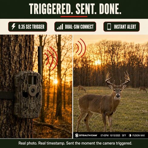 Stealth Cam Fusion MAX Cellular Trail Camera Bundle with Tree Mount - 36MP Photo & 720P HD Video, 0.35 Sec Trigger, 80FT IR Range, Dual SIM AT&T & Verizon, App Controlled Hunting Game Camera + Cloth in Kuwait