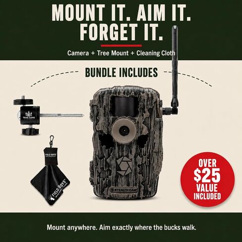 Stealth Cam Fusion MAX Cellular Trail Camera Bundle with Tree Mount - 36MP Photo & 720P HD Video, 0.35 Sec Trigger, 80FT IR Range, Dual SIM AT&T & Verizon, App Controlled Hunting Game Camera + Cloth in Kuwait