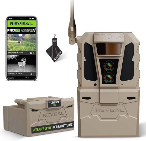 TACTACAM Reveal Pro 4.0 Cellular Trail Camera + Reveal FlexPack R5 Battery | Night Vision, Waterproof, Dual Sensors, 4K Photo, No-Glow/Low-Glow IR, GPS, LTE with Microfiber Cleaning Cloth in Kuwait