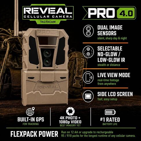 TACTACAM Reveal Pro 4.0 Cellular Trail Camera + Reveal FlexPack R5 Battery | Night Vision, Waterproof, Dual Sensors, 4K Photo, No-Glow/Low-Glow IR, GPS, LTE with Microfiber Cleaning Cloth in Kuwait