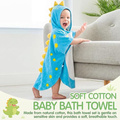 9 Pcs Cotton Baby Bath Towel Set 3 Dinosaur Baby Hooded Towels 21.6'' x 45" and 6 Washcloths Set Ultra Absorbent Soft Newborn Bath Gifts Essentials for Infants Toddlers Kids Boys and Girls in Kuwait