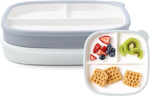 Ello Clean Start Toddler Breakfast Plate 2 Pack | BPA-Free Ceramic Plates with Divider & Silicone Sleeve for Babies/Toddlers| Microwave & Dishwasher Safe | High Chair Friendly | Dewdrop/Grayed Jade in Kuwait