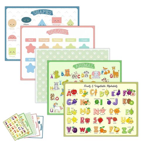 Disposable Placemats for Baby Kids Placemats for Restaurants Dining Table, Sticky Disposable Placemats for Toddlers - Animal, Fruit, Alphabet, Star, and Shape Designs, 40-Pack, 12x16 Inches in Kuwait