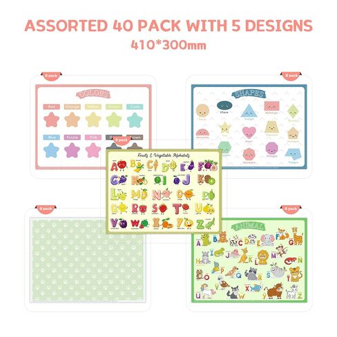 Disposable Placemats for Baby Kids Placemats for Restaurants Dining Table, Sticky Disposable Placemats for Toddlers - Animal, Fruit, Alphabet, Star, and Shape Designs, 40-Pack, 12x16 Inches in Kuwait
