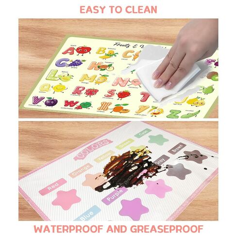 Disposable Placemats for Baby Kids Placemats for Restaurants Dining Table, Sticky Disposable Placemats for Toddlers - Animal, Fruit, Alphabet, Star, and Shape Designs, 40-Pack, 12x16 Inches in Kuwait