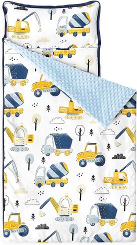 Wake In Cloud - Toddler Nap Mat with Pillow and Minky Fleece Blanket, for Kids Boys Ages 3 Plus in Daycare Preschool, Roll Up Sleeping Bag, Excavator Construction Car in Kuwait