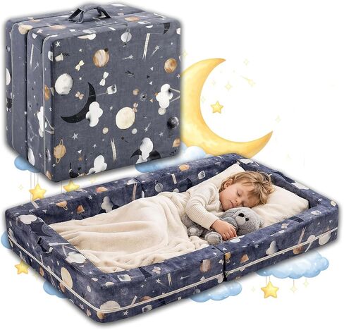 Portable Toddler Bed — Foldable Toddler Travel Bed & Folding Floor Bed for Kids/Toddlers 1-5, High-Density Foam, Safety Rails, Washable Cover, No Assembly in Kuwait