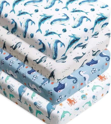 4 Pack Ocean Nautical Crib Sheets Neutral Unisex Fitted Whale Nursery Baby Sheet Set Toddler Mattress Newborn Blue Ocean Whale Sea Animal Bedding Sheets for Baby Boys or Girls (Crib) in Kuwait