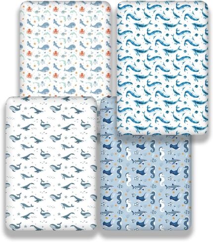 4 Pack Ocean Nautical Crib Sheets Neutral Unisex Fitted Whale Nursery Baby Sheet Set Toddler Mattress Newborn Blue Ocean Whale Sea Animal Bedding Sheets for Baby Boys or Girls (Crib) in Kuwait