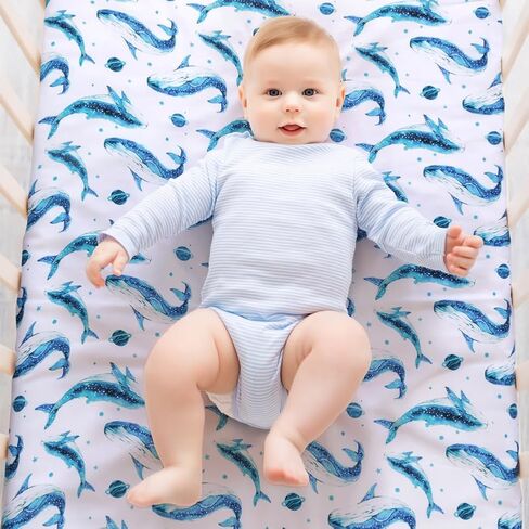 4 Pack Ocean Nautical Crib Sheets Neutral Unisex Fitted Whale Nursery Baby Sheet Set Toddler Mattress Newborn Blue Ocean Whale Sea Animal Bedding Sheets for Baby Boys or Girls (Crib) in Kuwait
