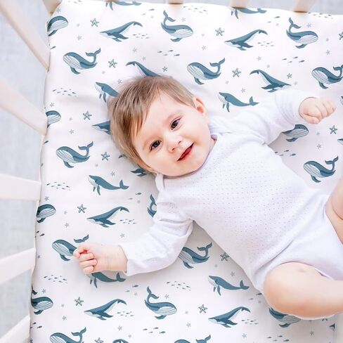 4 Pack Ocean Nautical Crib Sheets Neutral Unisex Fitted Whale Nursery Baby Sheet Set Toddler Mattress Newborn Blue Ocean Whale Sea Animal Bedding Sheets for Baby Boys or Girls (Crib) in Kuwait