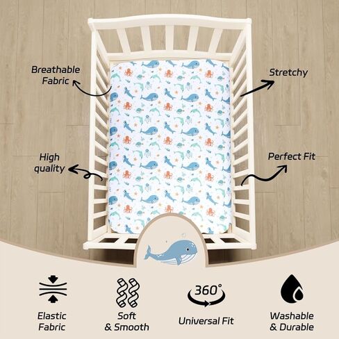 4 Pack Ocean Nautical Crib Sheets Neutral Unisex Fitted Whale Nursery Baby Sheet Set Toddler Mattress Newborn Blue Ocean Whale Sea Animal Bedding Sheets for Baby Boys or Girls (Crib) in Kuwait