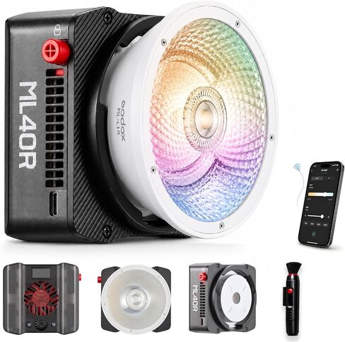 Godox ML40R RGB LED Video Light, Portable COB Photography Light with Built-in Battery, 1800K-10000K Full Color, 14 FX Effects, App Control, Magnetic Mount, ML-L10 Reflector for Vlog Live Streaming in Kuwait