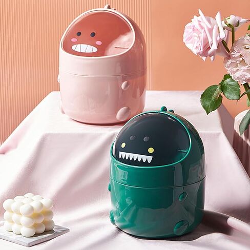 Healifty Small Flip-top Desktop Trash Can, Cartoon Dinosaur Mini Garbage Bin, Pink Plastic Waste Container for Office and Home Use in Kuwait