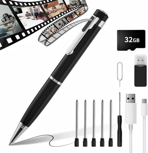 SRVR Hidden Camera Pen — 1080P Spy Pen Camera with Video Recording | 32GB Local Storage, 120-Min Battery, Portable Mini Body Camera | For Meeting & Home Monitoring (Bright Silver) in Kuwait