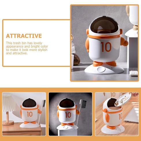 Mini Astronaut Trash Bin with Lid and Brush, Small Desktop Garbage Can for Bedroom and Dormitory, Orange Cartoon Wastebasket for Home and Room in Kuwait