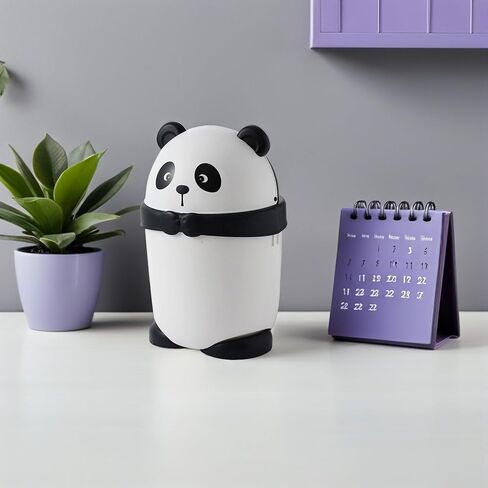 Cartoon Panda Trash Can with Lid, Small Plastic Garbage Bin for ’ Room, Cute Countertop Wastebasket for Nursery and Household Use in Kuwait