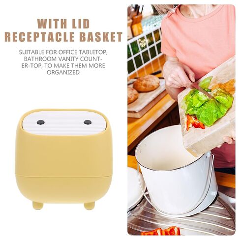 BESPORTBLE Mini Desktop Trash Can with Lid, Cartoon Waste Container for Table, Double-Layer Press Type Garbage Bin for Home and Office Use, Yellow in Kuwait