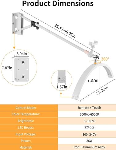 SITTO Wall Mounted Half Moon Beauty Light, LED Hanging Lash Lamp, White | Beauty moon light with Phone Holder, Dimmable Brightness for Tattoo, Nail, Barbershop, Eyelash in Kuwait