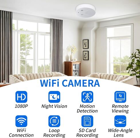 Indoor Security Camera Wireless WiFi Spy Camera 1080P Video Smoke the Detector Hidden Camera for Pets Home Wall Mount, Night Vision, Loop Filming, Motion Detection, Live Viewing, Android iOS Free App in Kuwait