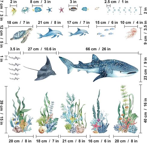 Ocean Animal Wall Decals,Large Sea Creature Wall Stickers,Under The Sea Fish Wall Art Decor for Kids Bathroom, Bedroom, Nursery, Living Room in Kuwait