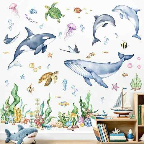 Supzone Under the Sea Wall Decals - Ocean Animals Fish Sea Turtle Whale Seaweed Wall Stickers for Kids Baby Nursery Toddlers Bedroom Bathroom Playroom Ocean Theme Decor in Kuwait