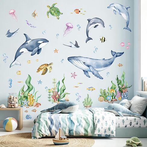 Supzone Under the Sea Wall Decals - Ocean Animals Fish Sea Turtle Whale Seaweed Wall Stickers for Kids Baby Nursery Toddlers Bedroom Bathroom Playroom Ocean Theme Decor in Kuwait