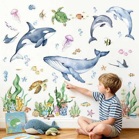 Supzone Under the Sea Wall Decals - Ocean Animals Fish Sea Turtle Whale Seaweed Wall Stickers for Kids Baby Nursery Toddlers Bedroom Bathroom Playroom Ocean Theme Decor in Kuwait
